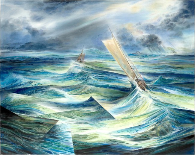 Wieland Payer: Wuthering Sea (nach Turner), 2025, Pastell, Aquarell und Bleistift auf Leinwand, 120 x 150 cm, 8900 Euro
