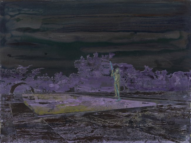 Undine Bandelin: Der Fischer, 2024, Siebdruck, Öl und Acryl auf Leinwand, 70 x 100 cm, 5100 Euro