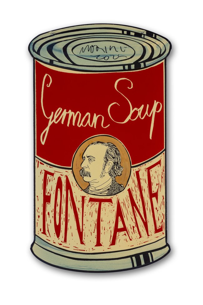 Moritz Götze: Fontane (German Soup), 2022, Emailmalerei auf Stahl, 60 x 34 cm, 2000 Euro