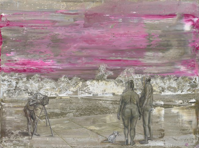 Undine Bandelin: Der Schnappschuss, 2024, Siebdruck, Öl und Acryl auf Leinwand, 70 x 100 cm, 5100 Euro