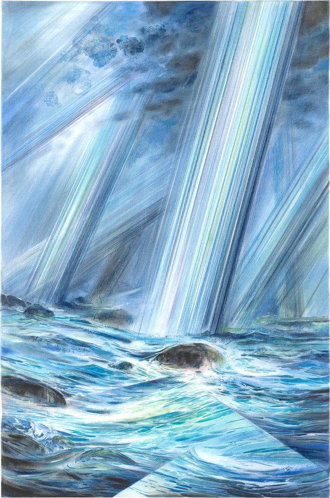 Wieland Payer: Lamorna Cliff, 2025, Pastell und Aquarell Leinwand, 120 x 80 cm, 6600 Euro