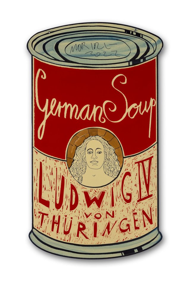 Moritz Götze: Ludwig II. von Thüringen (German Soup), 2022, Emailmalerei auf Stahl, 60 x 34 cm, 2000 Euro