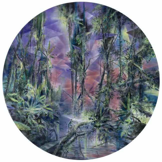 Wieland Payer: Seeker, 2023, Pastell, Tusche und Aquarell auf MDF, D 145 cm