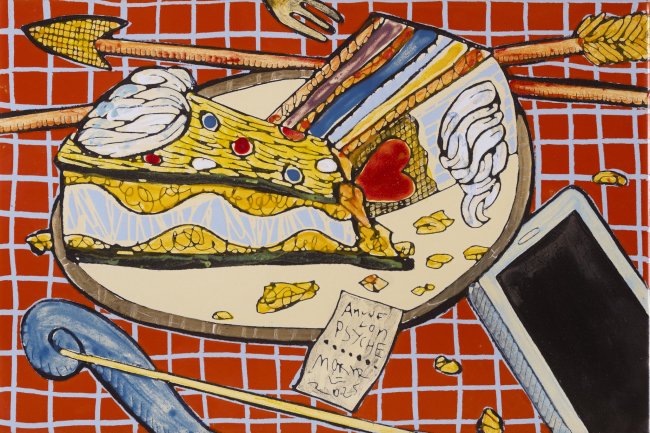 Moritz Götze: Anruf von Psyche, 2025, Emaillemalerei, 20 × 30 cm, 1800 Euro