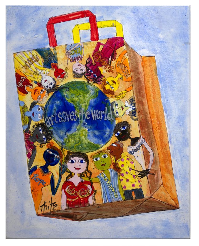 Thitz: Artsavestheworld, 2025, Acryl und Tüten auf Leinwand, 100 x 80 cm, 10800 Euro