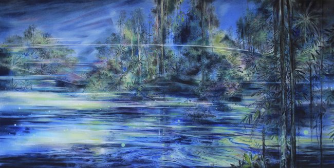 Wieland Payer: Bay, 2023, Pastell, Kohle, Aquarell und Tusche auf grundiertem MDF, 80 x 160 cm, 8000 Euro