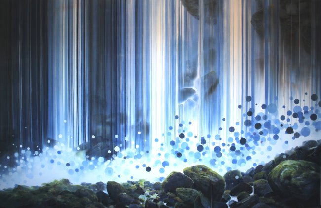 Wieland Payer: BLUE FALL, 2020, Pastell, Aquarell und Kohle auf grundiertem MDF, 190 x 300 cm