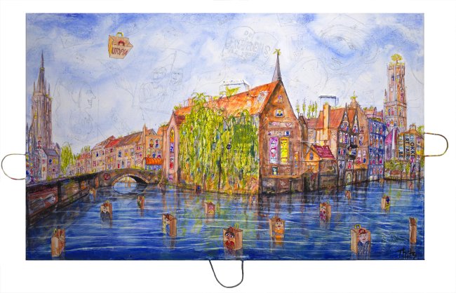 Thitz: Brügge Utopia, 2025, Acrylfarben und recycelte Papiertüten auf Leinwand, 120 x 160 cm, 16800 Euro