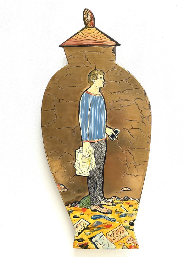 Moritz Götze: Der Plan (Vase) Emailmalerei auf Stahl, 60 x 28 cm