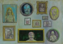 Undine Bandelin: Der Club der Schnurrbartträger,, 2025, Öl und Acryl auf Leinwand, 140 x 200 cm, 12.000 Euro