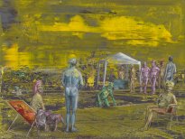 Undine Bandelin: Die Liga, 2024, Siebdruck, Öl und Acryl auf Leinwand, 70 x 100 cm, 5100 Euro