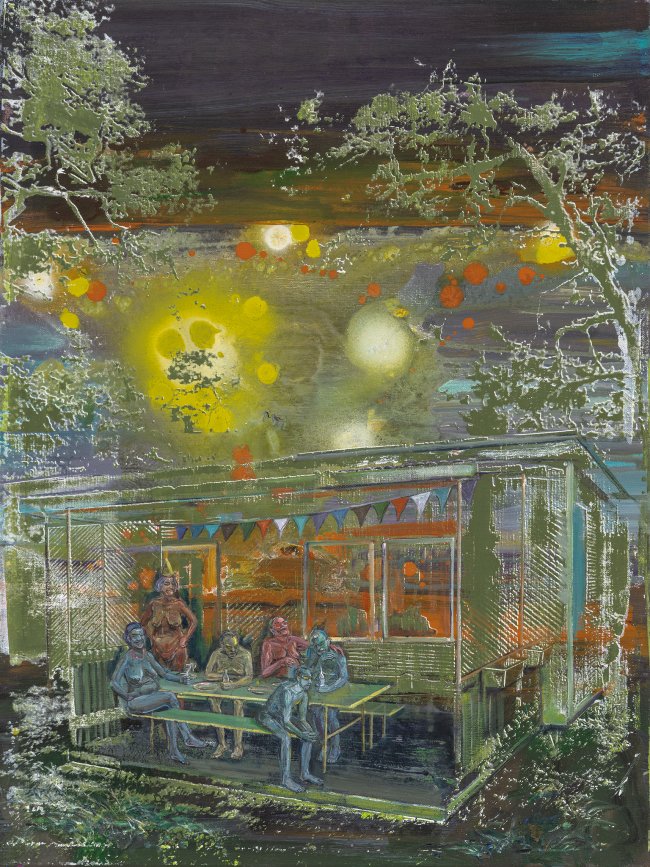 Undine Bandelin: Die Sause, 2023, Siebdruck/ Öl und Acryl auf Leinwand,  80 x 60 cm