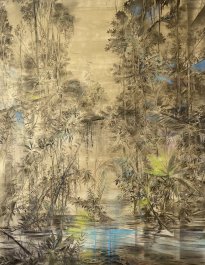 Wieland Payer: Die verlorenen Spuren I, 2025, Kohle und Pastell auf golden grundiertem Papier, 120 x 80 cm, 6600 Euro