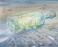 Wieland Payer: Flaschenpost, 2025, Pastell und Aquarell auf Leinwand,  24 x 30 cm, 1350 Euro