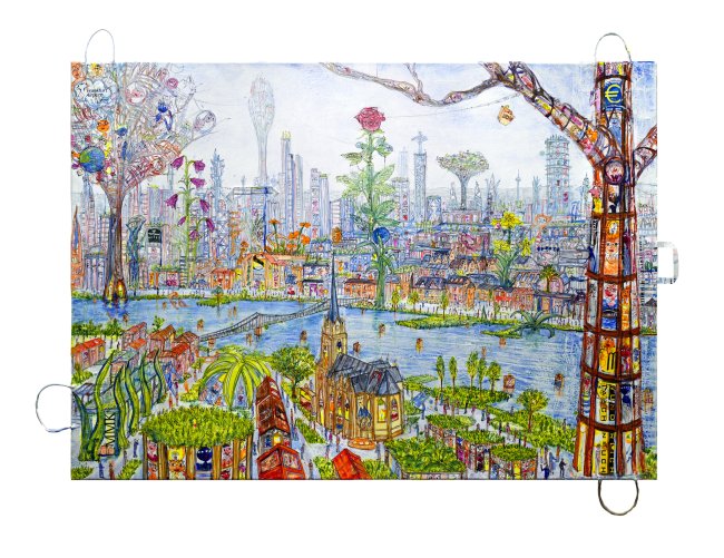 Thitz: Frankfurt Utopie, 2026, Acryl und Tüten auf Leinwand, 100 x 140 cm, 14400 Euro