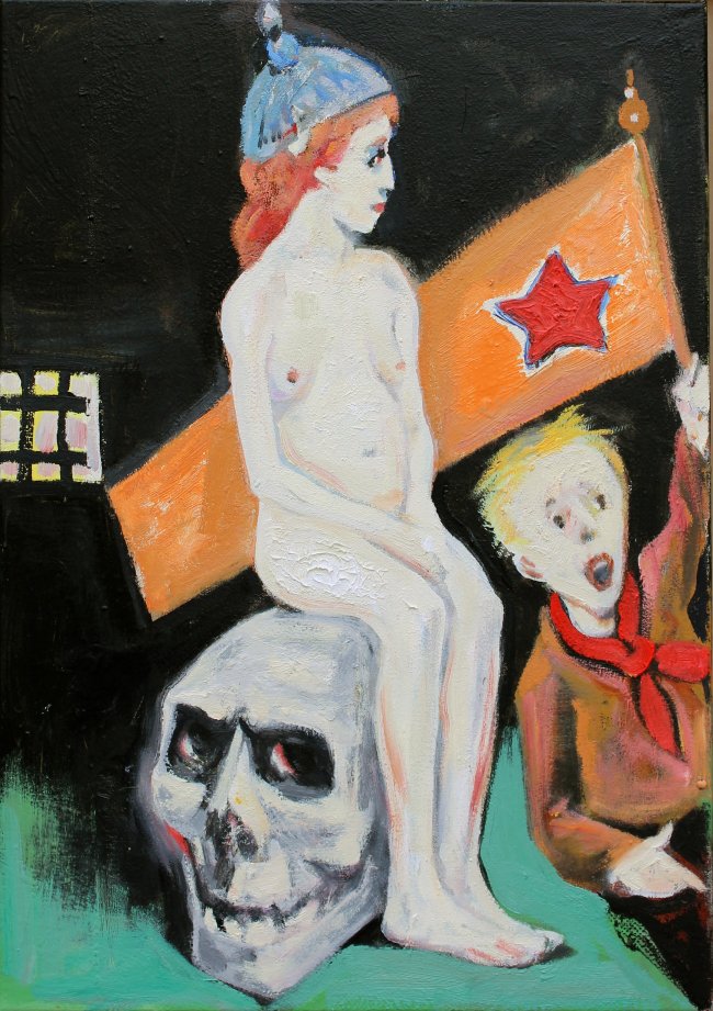 Harald Reiner Gratz: Germania und Igor im Keller, 2026, Öl auf Leinwand,  70 x 50 cm, 3600 Euro