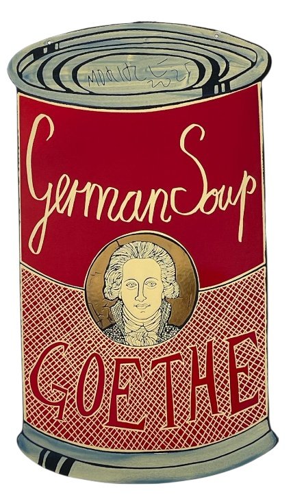Moritz Götze: Goethe(German Soup), 2025, Emailmalerei auf Stahl, 60 x 34 cm, 2000 Euro