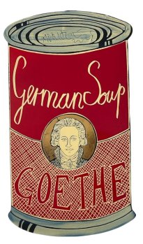 Moritz Götze: Goethe(German Soup), 2025, Emailmalerei auf Stahl, 60 x 34 cm, 2000 Euro