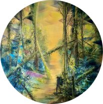 Wieland Payer: Golden Hour, 2024, pastel, watercolor, ink and charcoal on primed MDF, D. 90cm, 6000 Euro
