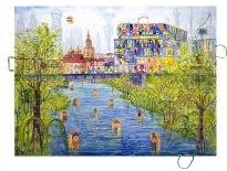 Thitz: Heilbronn Utopia, 2025, Acryl und Tüten auf Leinwand, 120 x 160 cm