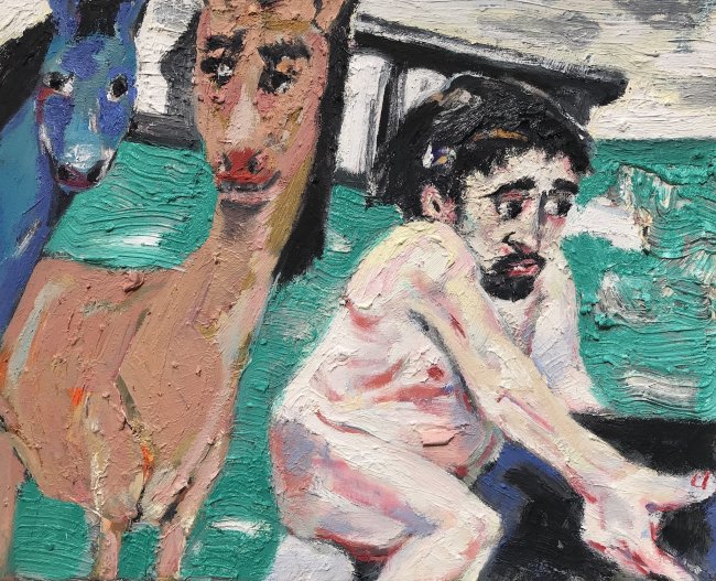 Harald Reiner Gratz: Herakles im Augiasstall, 2020, Öl auf Leinwand, 40 x 50 cm