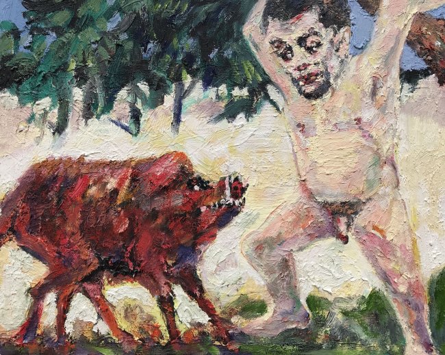 Harald Reiner Gratz: Herakles und der erymanthische Eber, 2020, Öl auf Leinwand, 40 x 50 cm