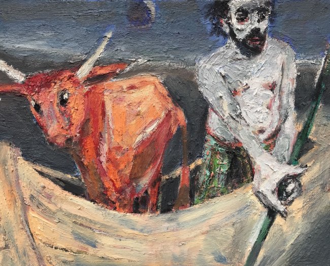 Harald Reiner Gratz: Herakles und der Stier des Poseidon, 2020, Öl auf Leinwand, 40 x 50 cm