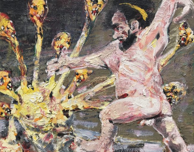 Harald Reiner Gratz: Herakles und die lernäische Hydra, 2020, Öl auf Leinwand, 40 x 50 cm
