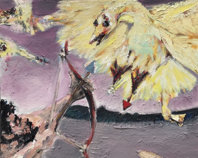 Harald Reiner Gratz: Herakles und die stymphalischen Vögel, 2020, Öl auf Leinwand, 40 x 50 cm