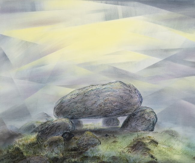 Wieland Payer: Hünengrab, 2025, Pastell und Aquarell auf Leinwand, 50 x 60 cm, 3700 Euro