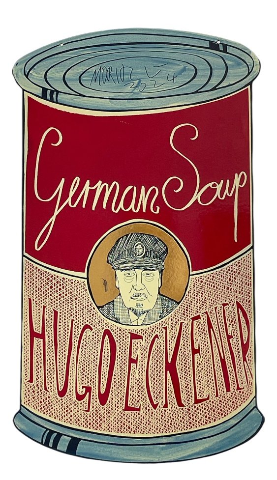 Moritz Götze: Hugo Eckener (German Soup), 2022, Emailmalerei auf Stahl, 60 x 34 cm, 2000 Euro