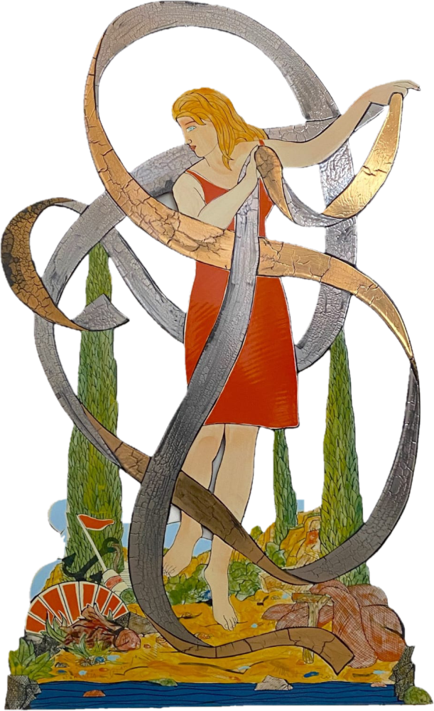 Moritz Götze: Tänzerin am Strand, 2026, Emailmalerei auf Stahl, 124 x 76 cm, 7600 Euro