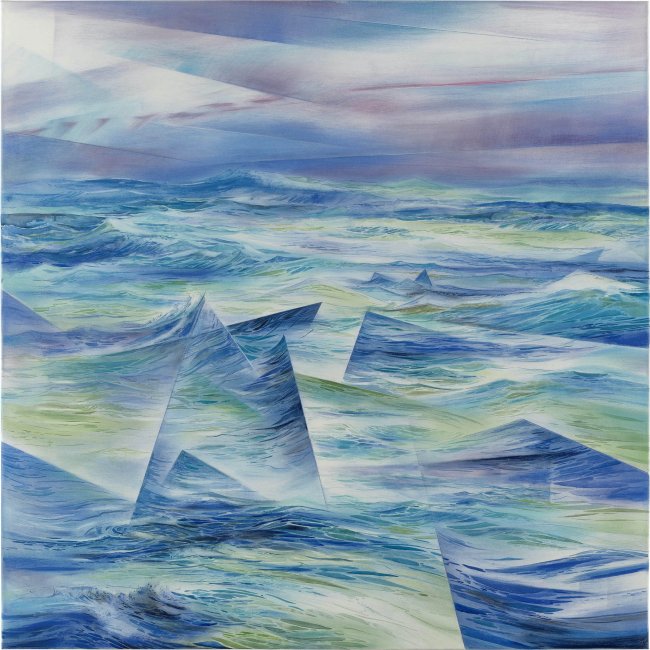 Wieland Payer: Kristallsee, 2025, Pastell und Aquarell auf Leinwand, 100 x 100 cm, 6600 Euro