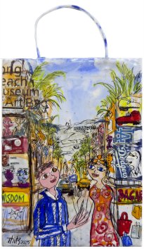 Thitz: LA Bag Art, 2025, Acrylfarben und recycelte Papiertüten auf Leinwand, 24 x 18 cm, 2500 Euro