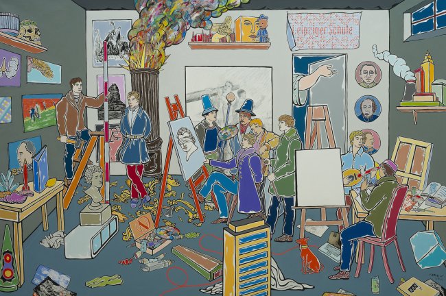 Moritz Götze: Leipziger Schule, 2019-2024, Öl auf Leinwand, 200 x 300 cm, 20000 Euro