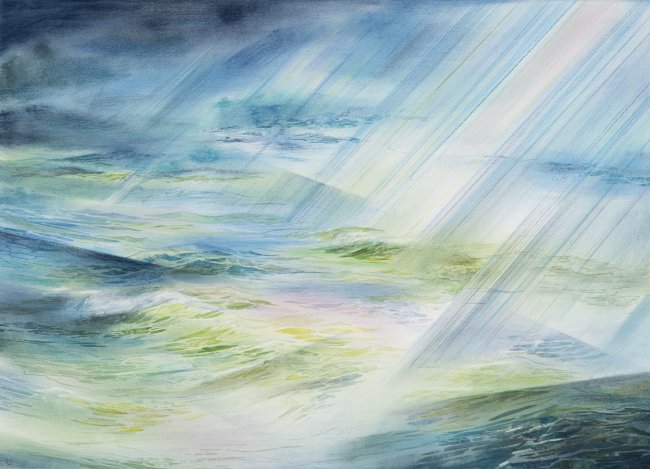 Wieland Payer: Lichtwasser, 2025, Pastell und Aquarell auf Leinwand, 50 x 70 cm, 4000 Euro