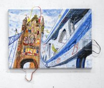 Thitz: London, 2021, Acryl und Tüten auf Leinwand, 50 x 70 cm, 7200 Euro