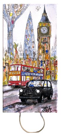 Thitz: London 3 Towers Utopia, 2026, Acryl und Tüten auf Leinwand,  40 x 20 cm, 3600 Euro