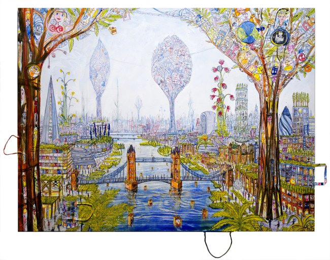 Thitz: London Ultimate Utopia, 2026, Acryl und Tüten auf Leinwand, 120 x 160 cm, 16800 Euro