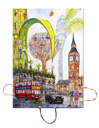 Thitz: London Utopian Buildings Free Time, 2025, Acryl und Tüten auf Leinwand, 70 x 50 cm, 7200 Euro