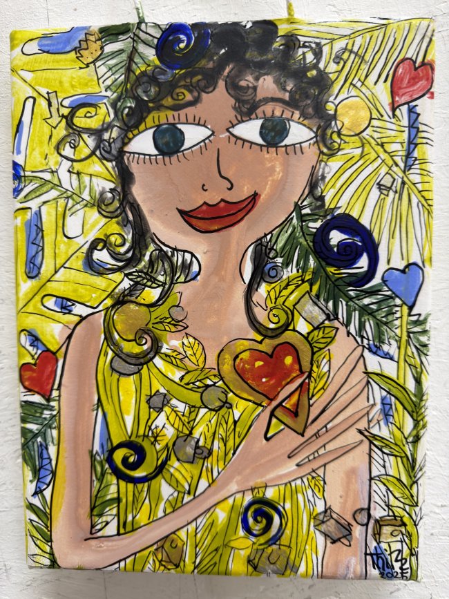 Thitz: Love Brasil, 2025, Acryl und Tüten auf Leinwand, 24 x 18 cm, 2520 Euro