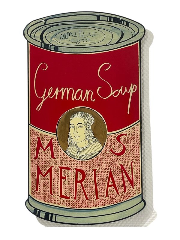 Moritz Götze: M.S. Merian (German Soup), 2022, Emailmalerei auf Stahl, 60 x 34 cm, 2000 Euro