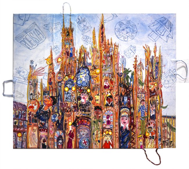 Thitz: Milano, 2019, Acryl und Tüten auf Leinwand, 100 x 120 cm, 13200 Euro