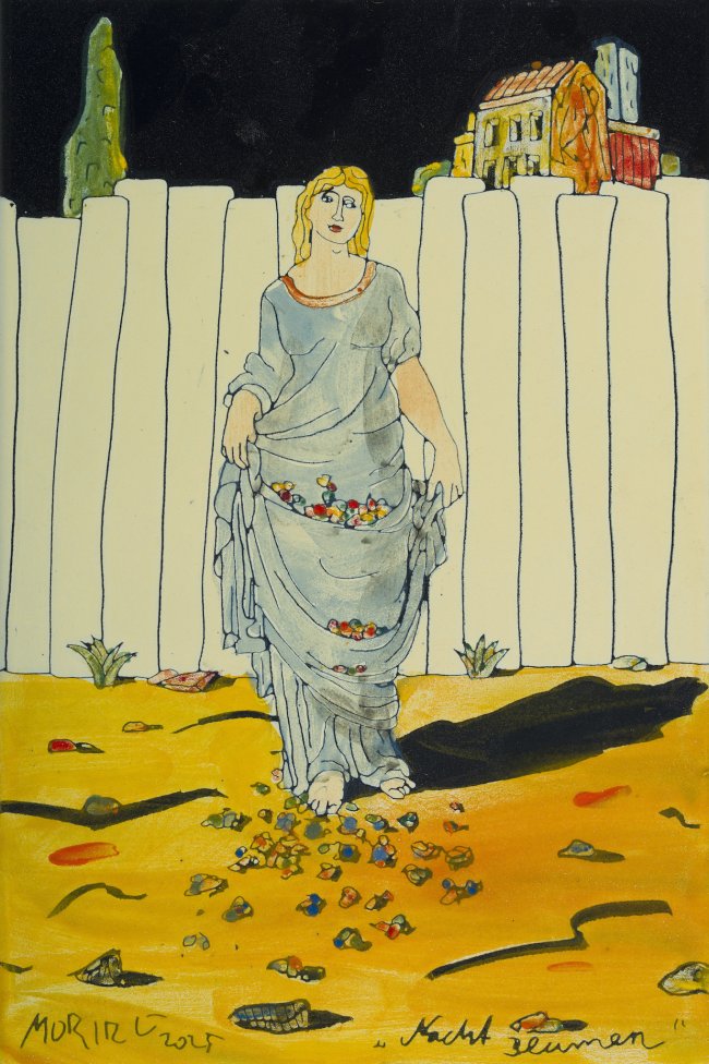 Moritz Götze: Nacht und Blumen, 2025, Emaillemalerei, 30 × 20 cm, 1800 Euro