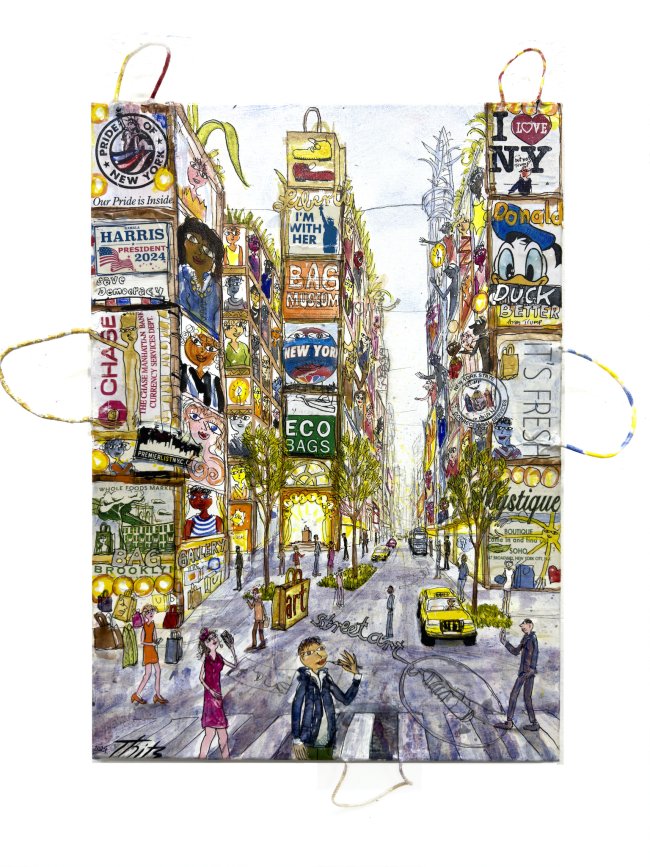Thitz: New York Good Future, 2024, Acryl und Tüten auf Leinwand, 70 x 50 cm, 7200 Euro
