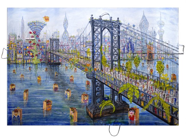 Thitz: New York Manhattan Bridge Utopia, 2026, Acryl und Tüten auf Leinwand, 140 x 200 cm, 20400 Euro