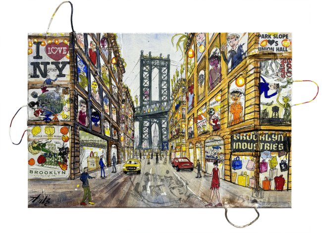 Thitz: NY, 2024, Acryl und Tüten auf Leinwand, 60 x 90 cm, 9000 Euro