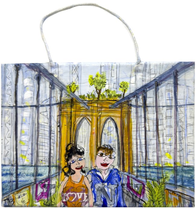 Thitz: NY Brooklyn Bridge Bag Art, 2025, Acryl und Tüten auf Leinwand, 24 x 18 cm, 2520 Euro