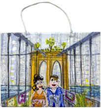 Thitz: NY Brooklyn Bridge Bag Art, 2025, Acryl und Tüten auf Leinwand, 24 x 18 cm, 2520 Euro