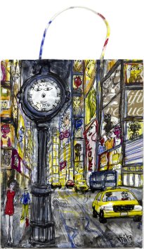 Thitz: NY Free Time, 2025, Acrylfarben und recycelte Papiertüten auf Leinwand, 24 x 18 cm, 2500 Euro